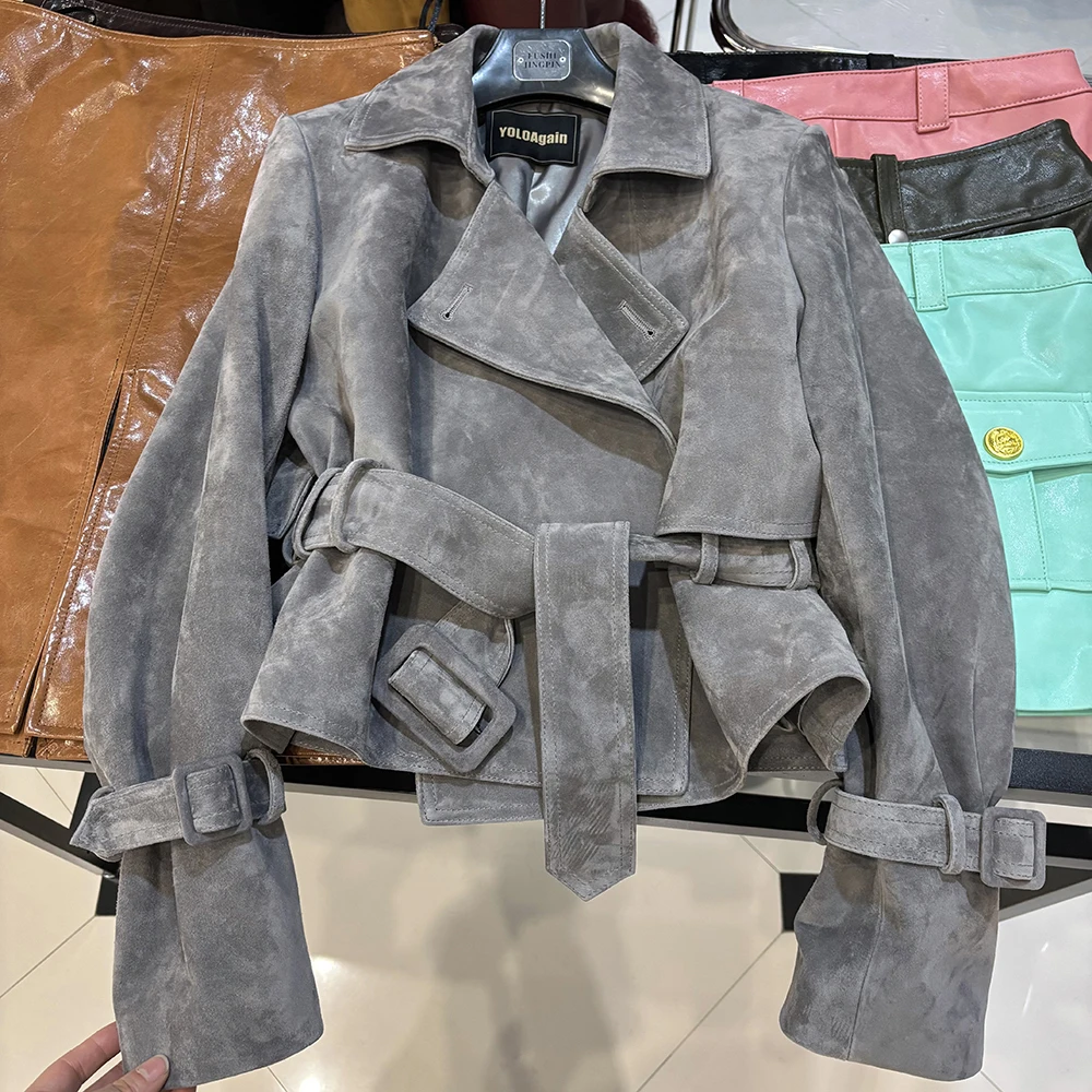 YOLOAgain Real Leather Jacket Women With Belt Lapel Oversized Dark Brown Suede Jacket Coat Ladies