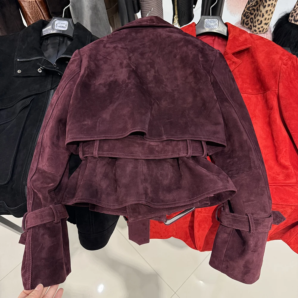YOLOAgain Real Leather Jacket Women With Belt Lapel Oversized Dark Brown Suede Jacket Coat Ladies