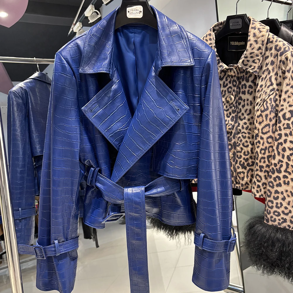 YOLOAgain Real Leather Jacket Women With Belt Lapel Oversized Dark Brown Suede Jacket Coat Ladies