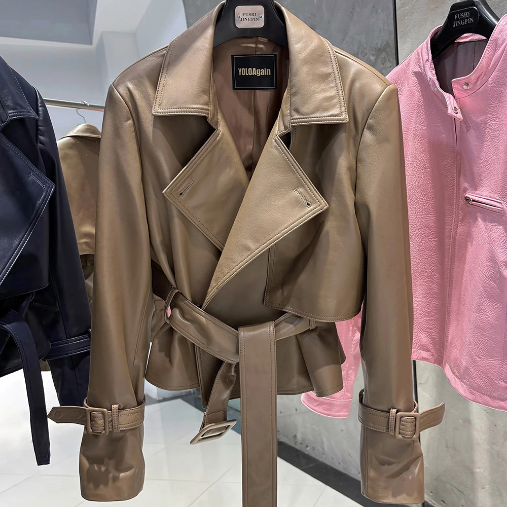 YOLOAgain Real Leather Jacket Women With Belt Lapel Oversized Dark Brown Suede Jacket Coat Ladies