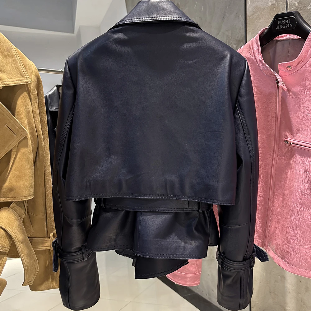 YOLOAgain Real Leather Jacket Women With Belt Lapel Oversized Dark Brown Suede Jacket Coat Ladies