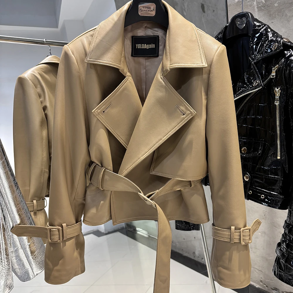 YOLOAgain Real Leather Jacket Women With Belt Lapel Oversized Dark Brown Suede Jacket Coat Ladies