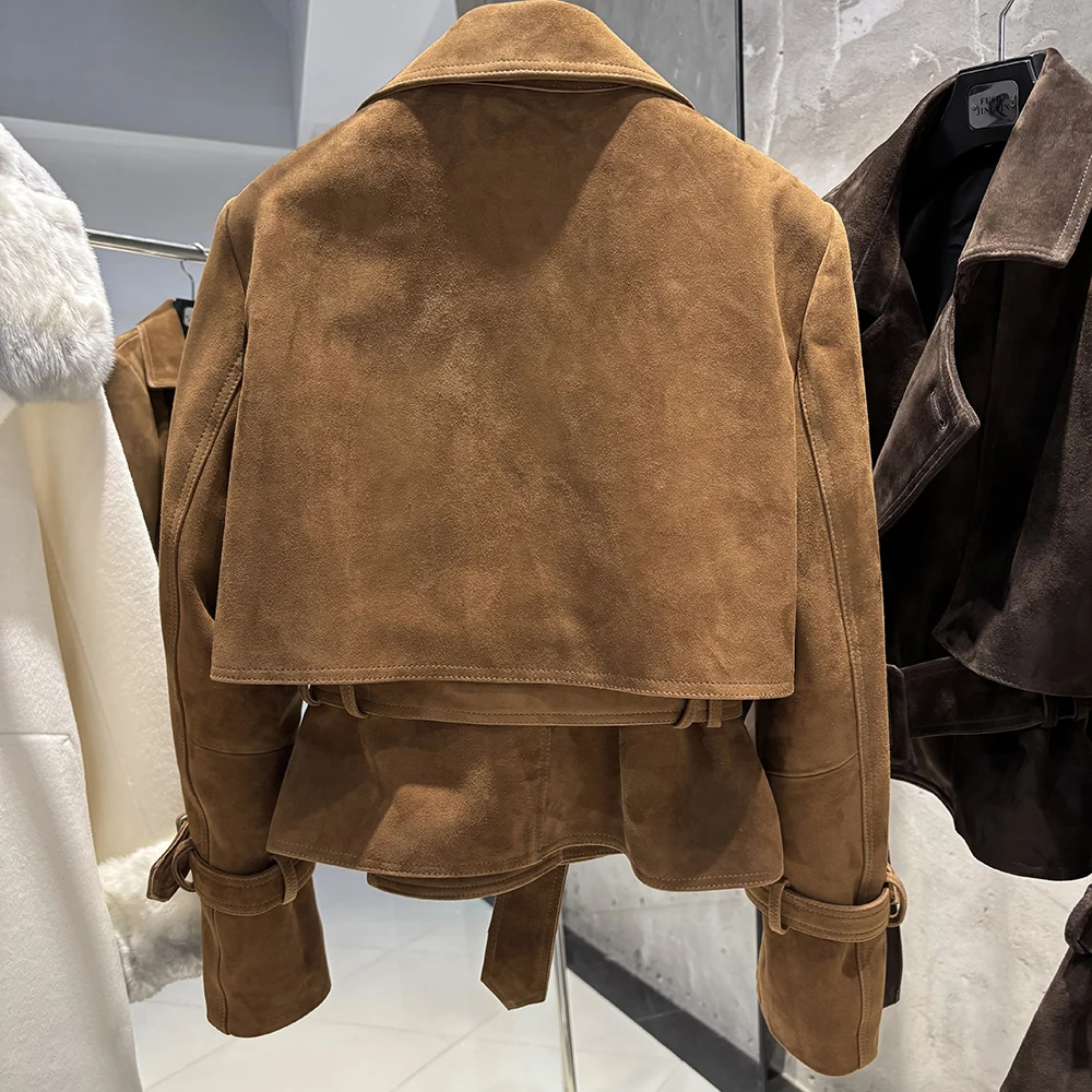 YOLOAgain Real Leather Jacket Women With Belt Lapel Oversized Dark Brown Suede Jacket Coat Ladies