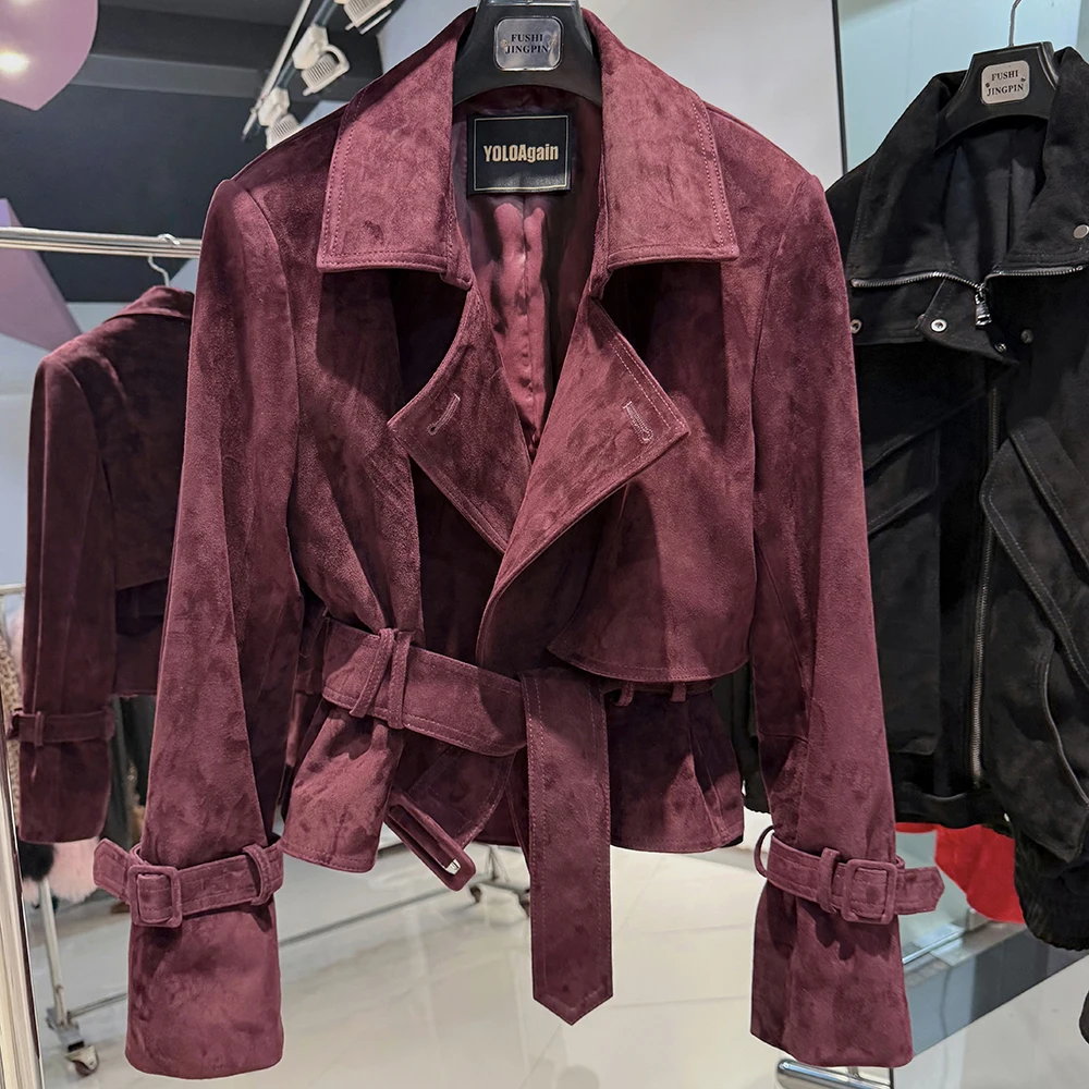 YOLOAgain Real Leather Jacket Women With Belt Lapel Oversized Dark Brown Suede Jacket Coat Ladies