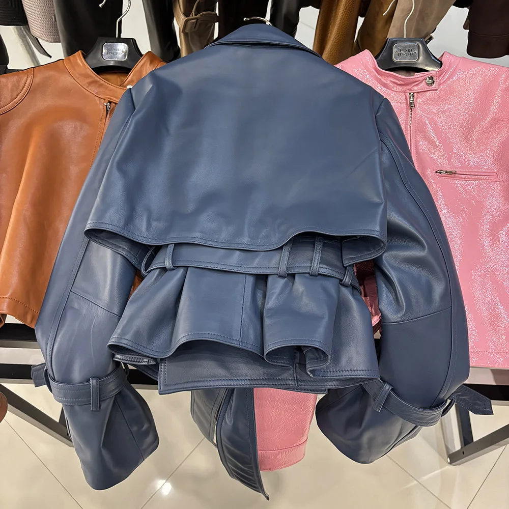 YOLOAgain Real Leather Jacket Women With Belt Lapel Oversized Dark Brown Suede Jacket Coat Ladies