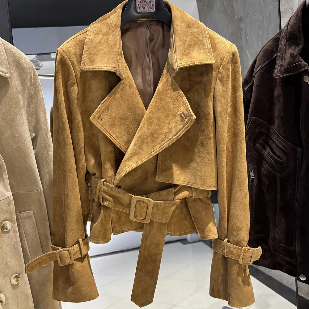 YOLOAgain Real Leather Jacket Women With Belt Lapel Oversized Dark Brown Suede Jacket Coat Ladies