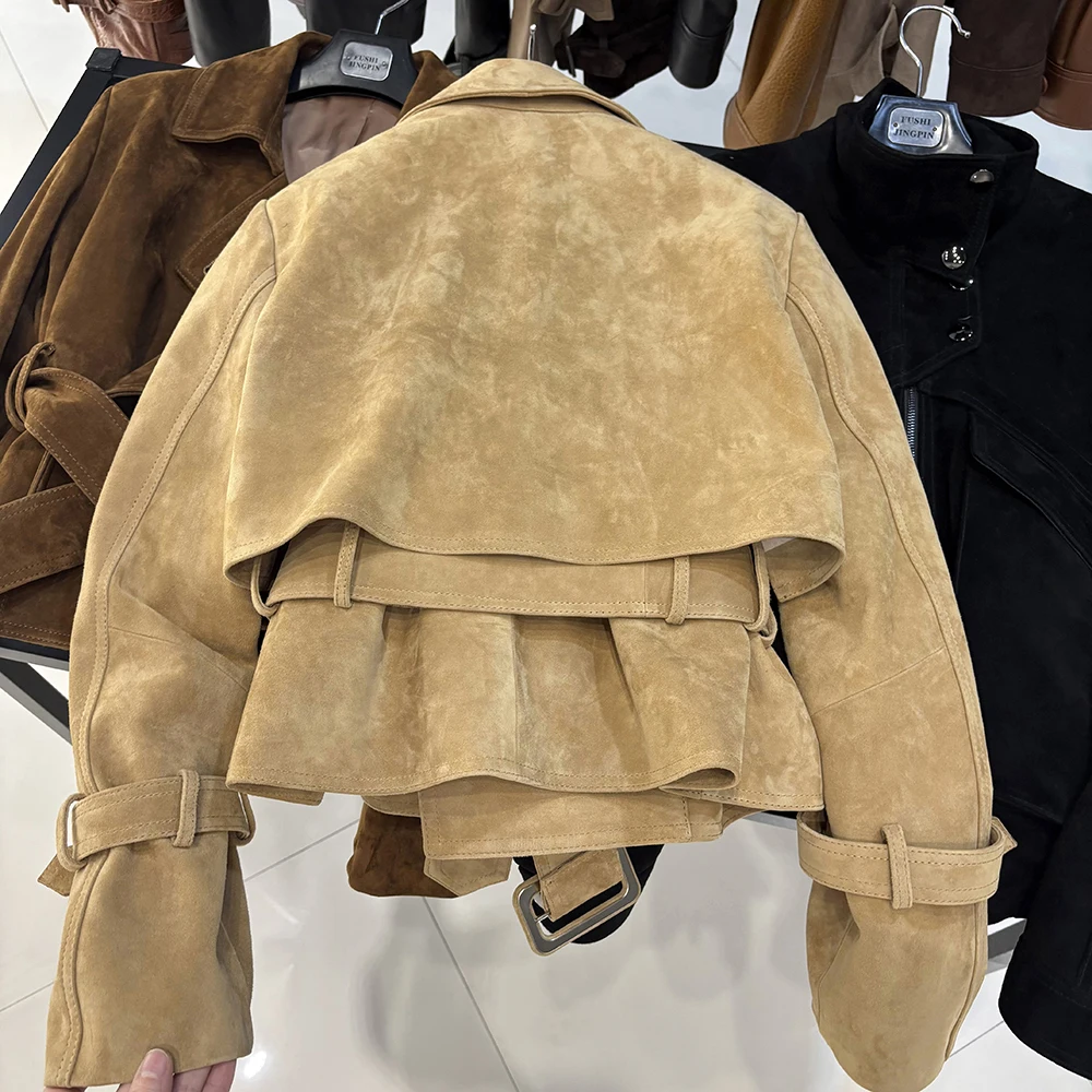 YOLOAgain Real Leather Jacket Women With Belt Lapel Oversized Dark Brown Suede Jacket Coat Ladies