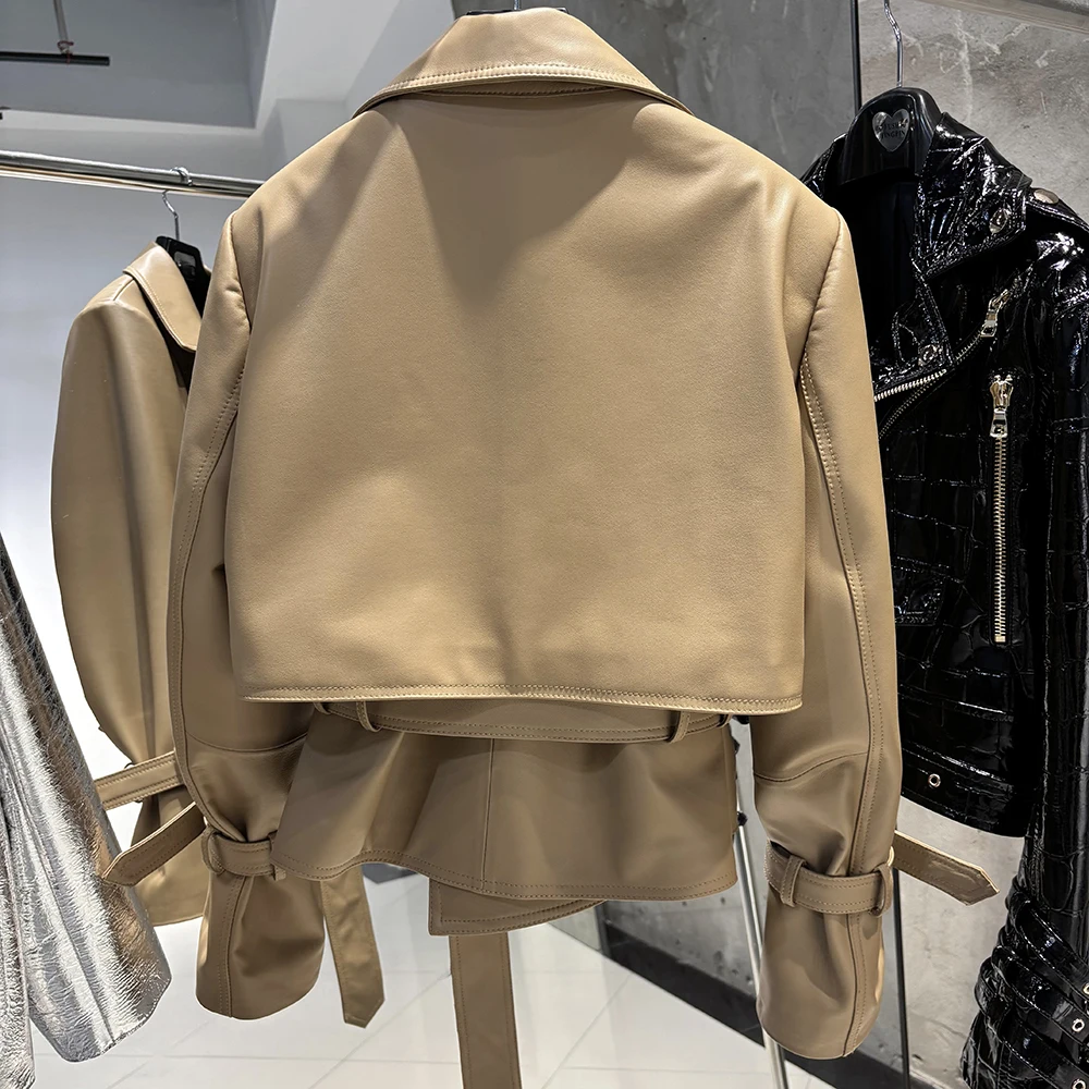 YOLOAgain Real Leather Jacket Women With Belt Lapel Oversized Dark Brown Suede Jacket Coat Ladies