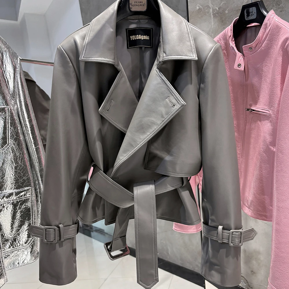 YOLOAgain Real Leather Jacket Women With Belt Lapel Oversized Dark Brown Suede Jacket Coat Ladies
