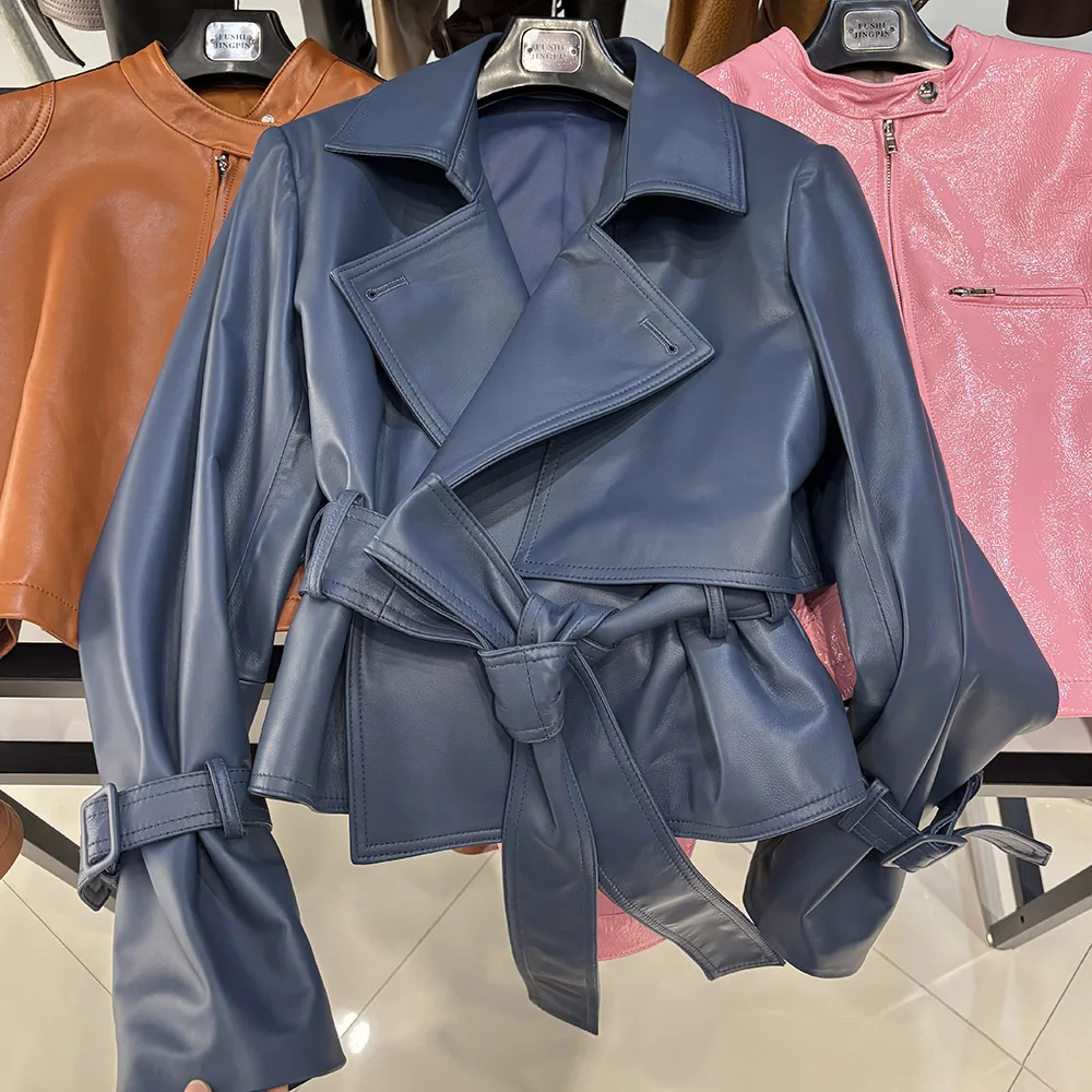 YOLOAgain Real Leather Jacket Women With Belt Lapel Oversized Dark Brown Suede Jacket Coat Ladies