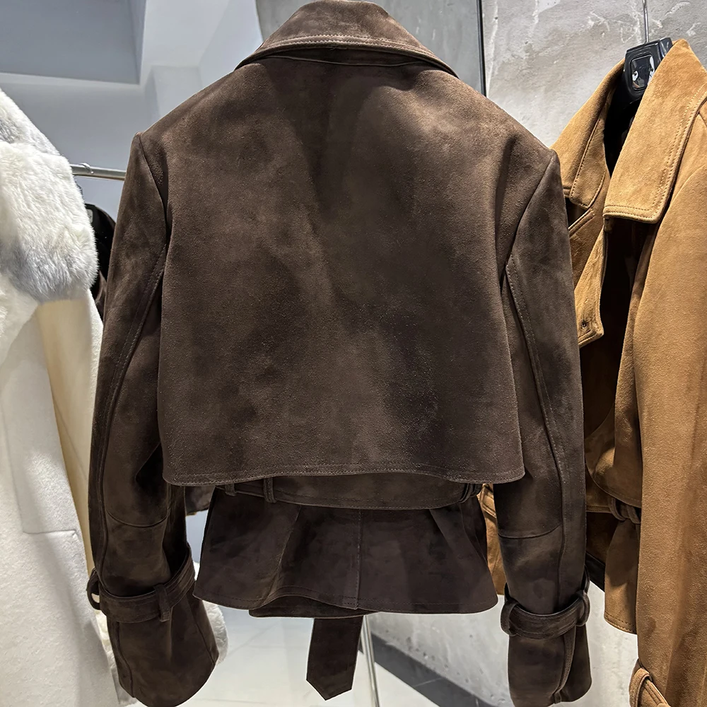 YOLOAgain Real Leather Jacket Women With Belt Lapel Oversized Dark Brown Suede Jacket Coat Ladies