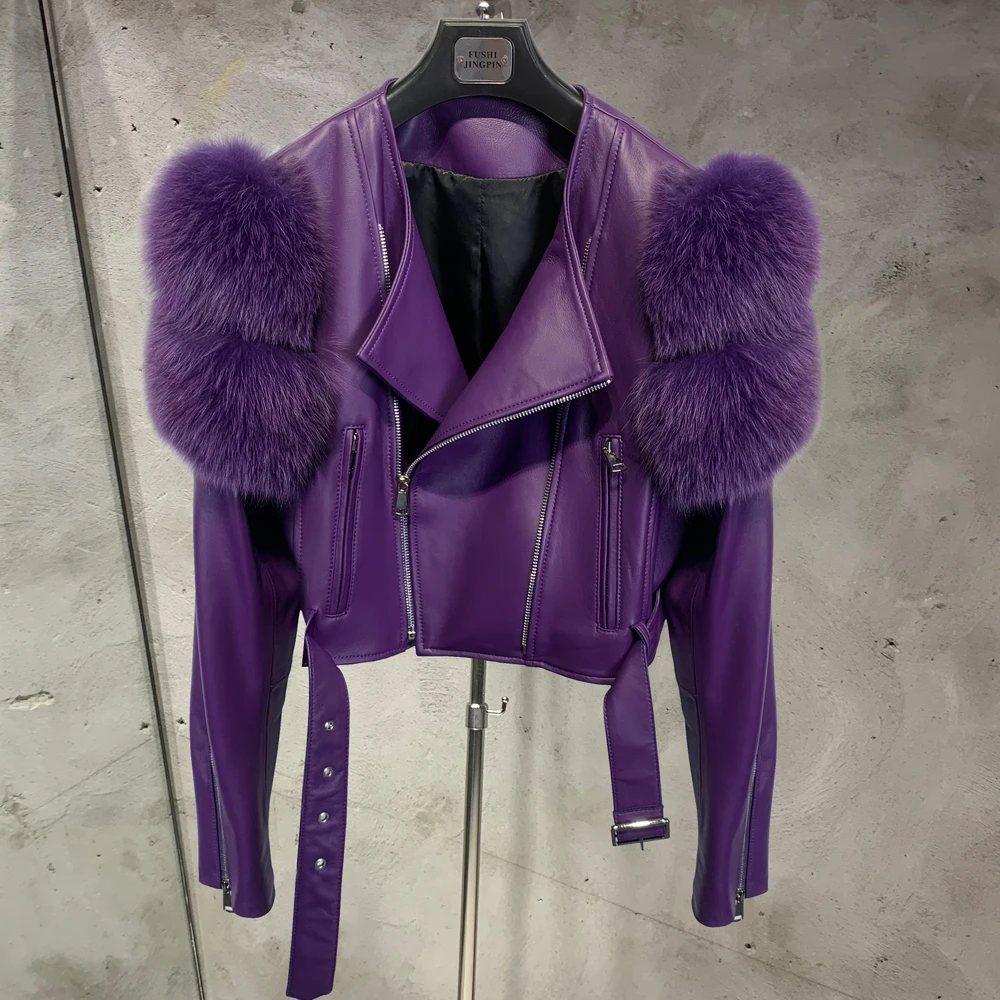 Leather Jacket Factory Ladies Short Leather Jacket Real Fox Fur Sleeve Coat Women Autumn 21001