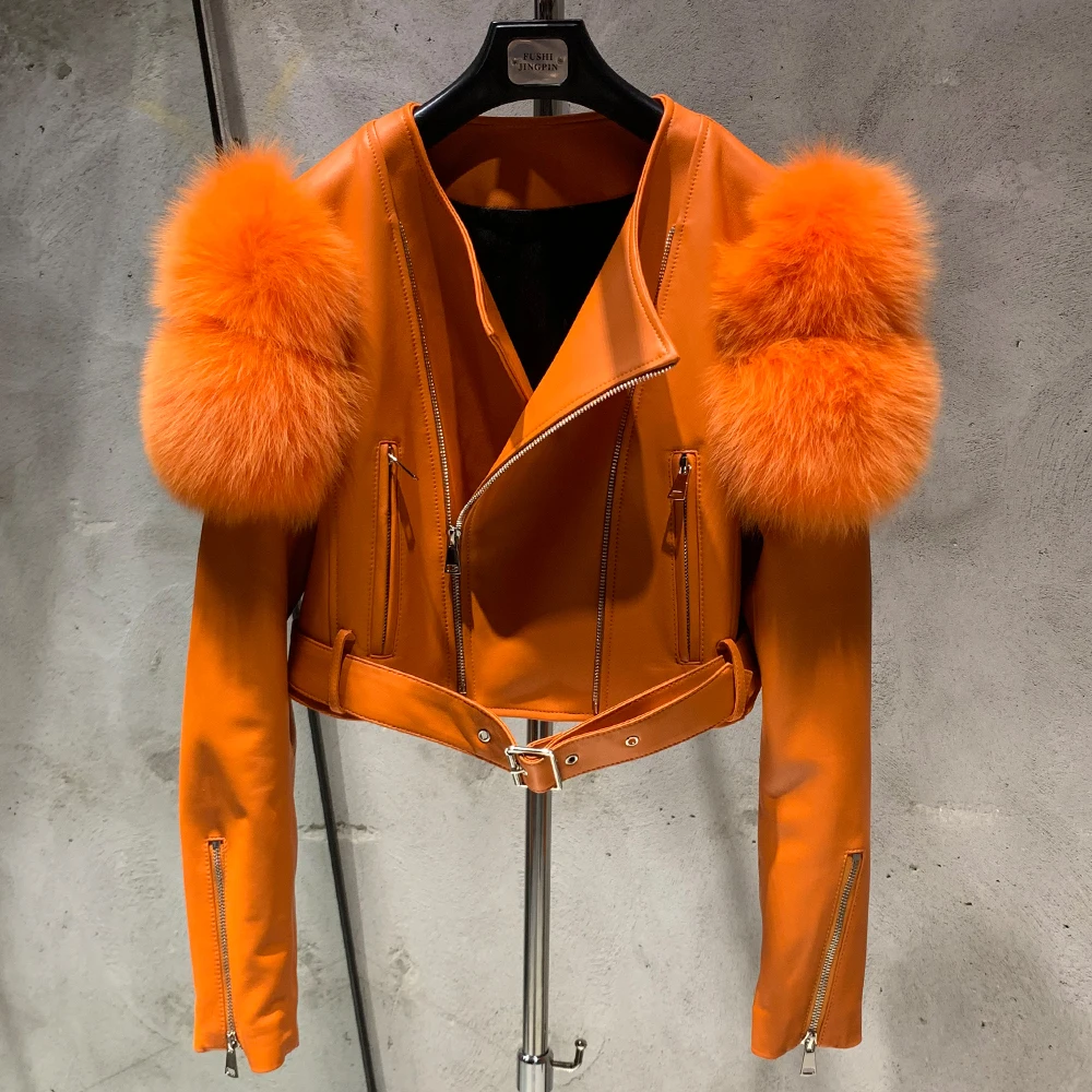 Leather Jacket Factory Ladies Short Leather Jacket Real Fox Fur Sleeve Coat Women Autumn 21001