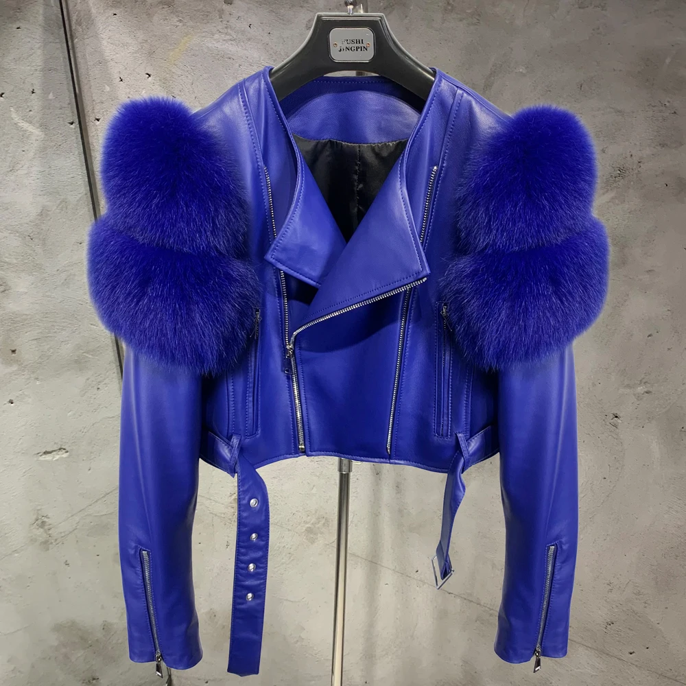 Leather Jacket Factory Ladies Short Leather Jacket Real Fox Fur Sleeve Coat Women Autumn 21001