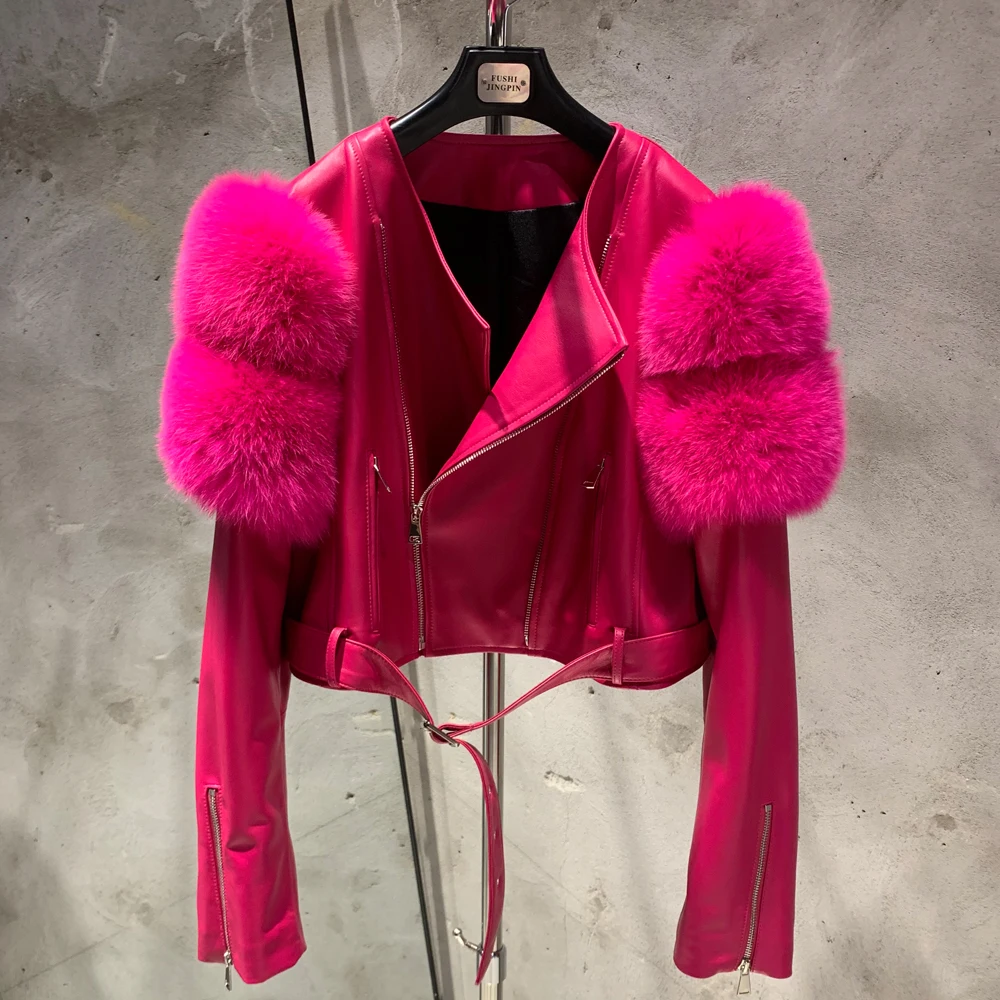 Leather Jacket Factory Ladies Short Leather Jacket Real Fox Fur Sleeve Coat Women Autumn 21001