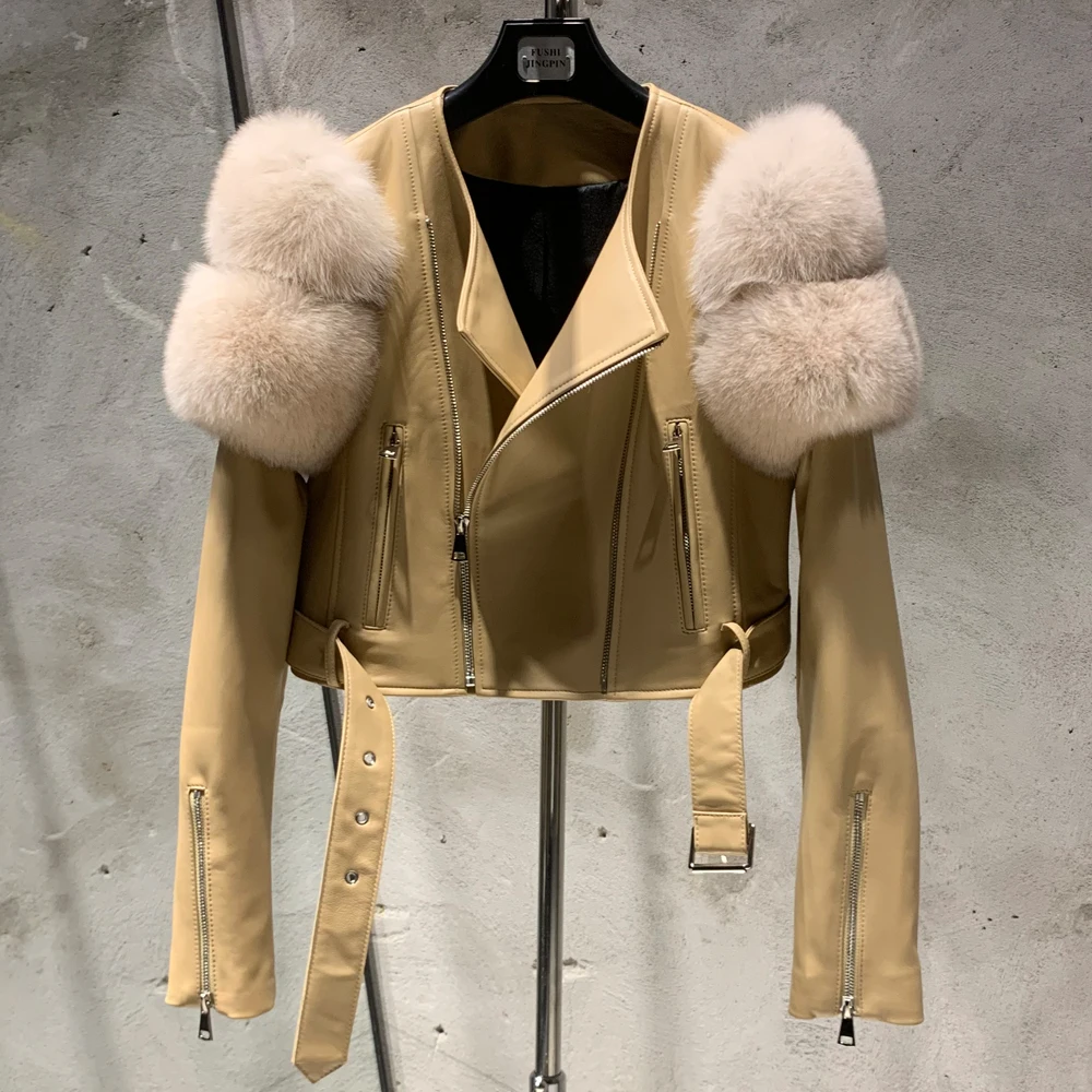 Leather Jacket Factory Ladies Short Leather Jacket Real Fox Fur Sleeve Coat Women Autumn 21001