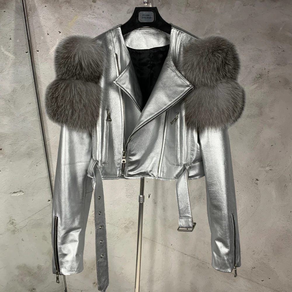 Leather Jacket Factory Ladies Short Leather Jacket Real Fox Fur Sleeve Coat Women Autumn 21001