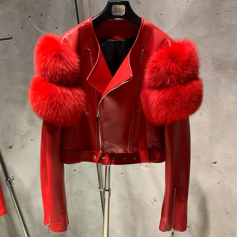 Leather Jacket Factory Ladies Short Leather Jacket Real Fox Fur Sleeve Coat Women Autumn 21001