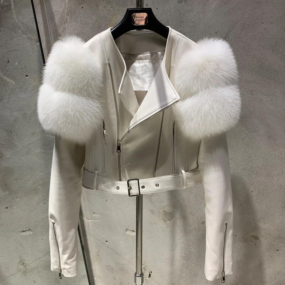 Leather Jacket Factory Ladies Short Leather Jacket Real Fox Fur Sleeve Coat Women Autumn 21001