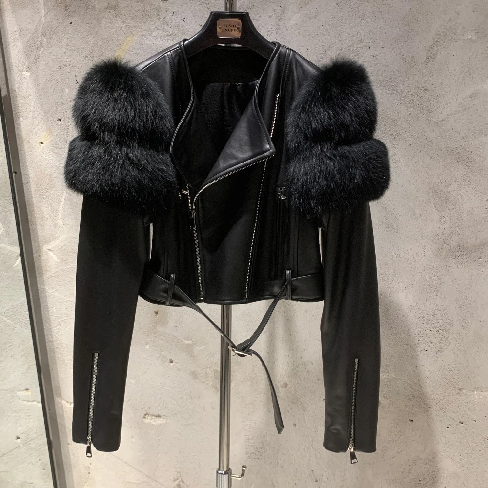 Leather Jacket Factory Ladies Short Leather Jacket Real Fox Fur Sleeve Coat Women Autumn 21001