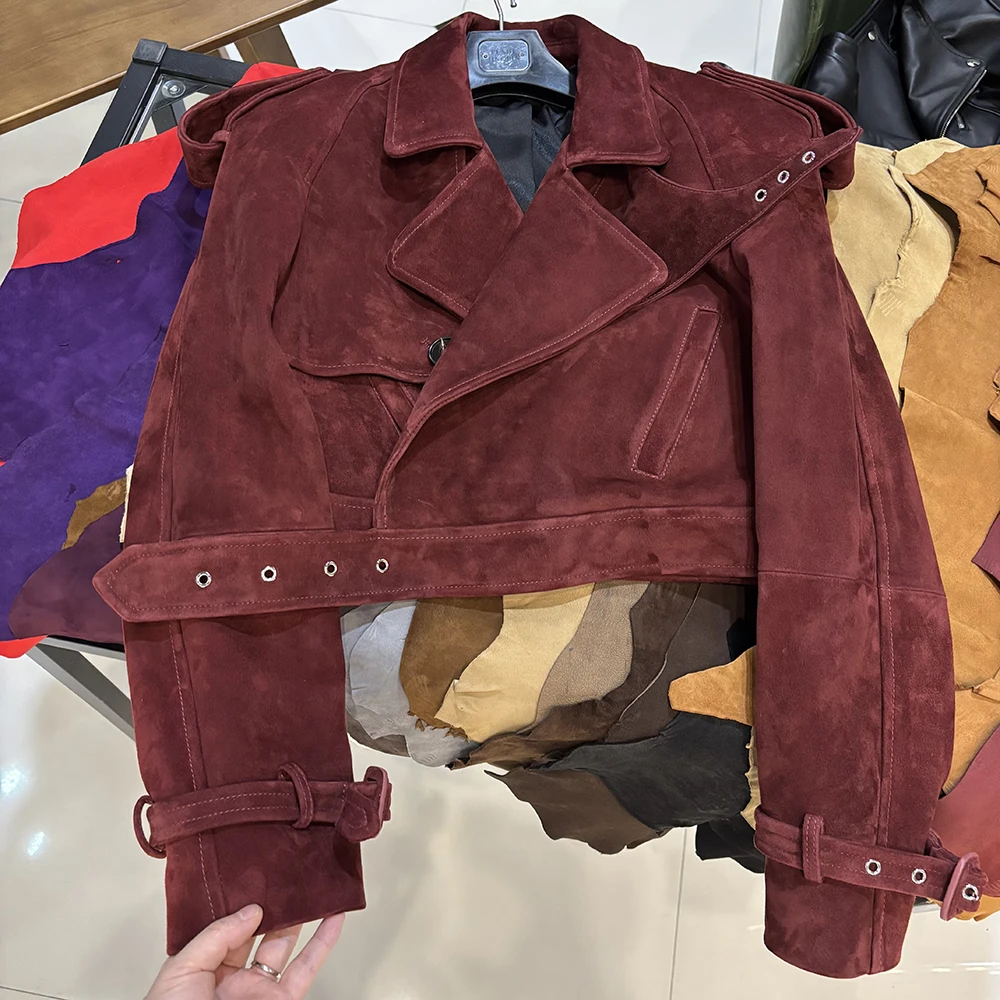 YOLOAgain Long Sleeve Dark Brown Suede Jacket Women Real Leather Jacket