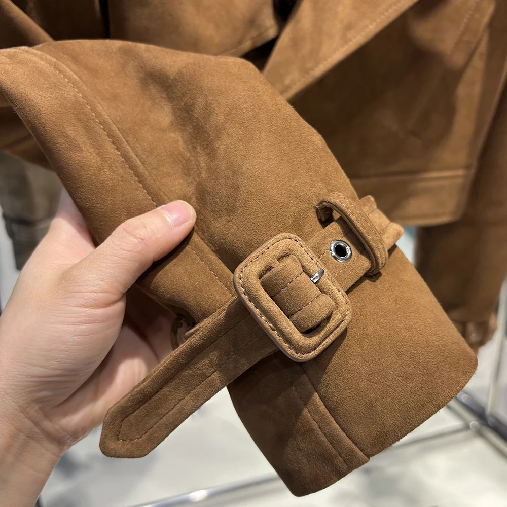YOLOAgain Long Sleeve Dark Brown Suede Jacket Women Real Leather Jacket