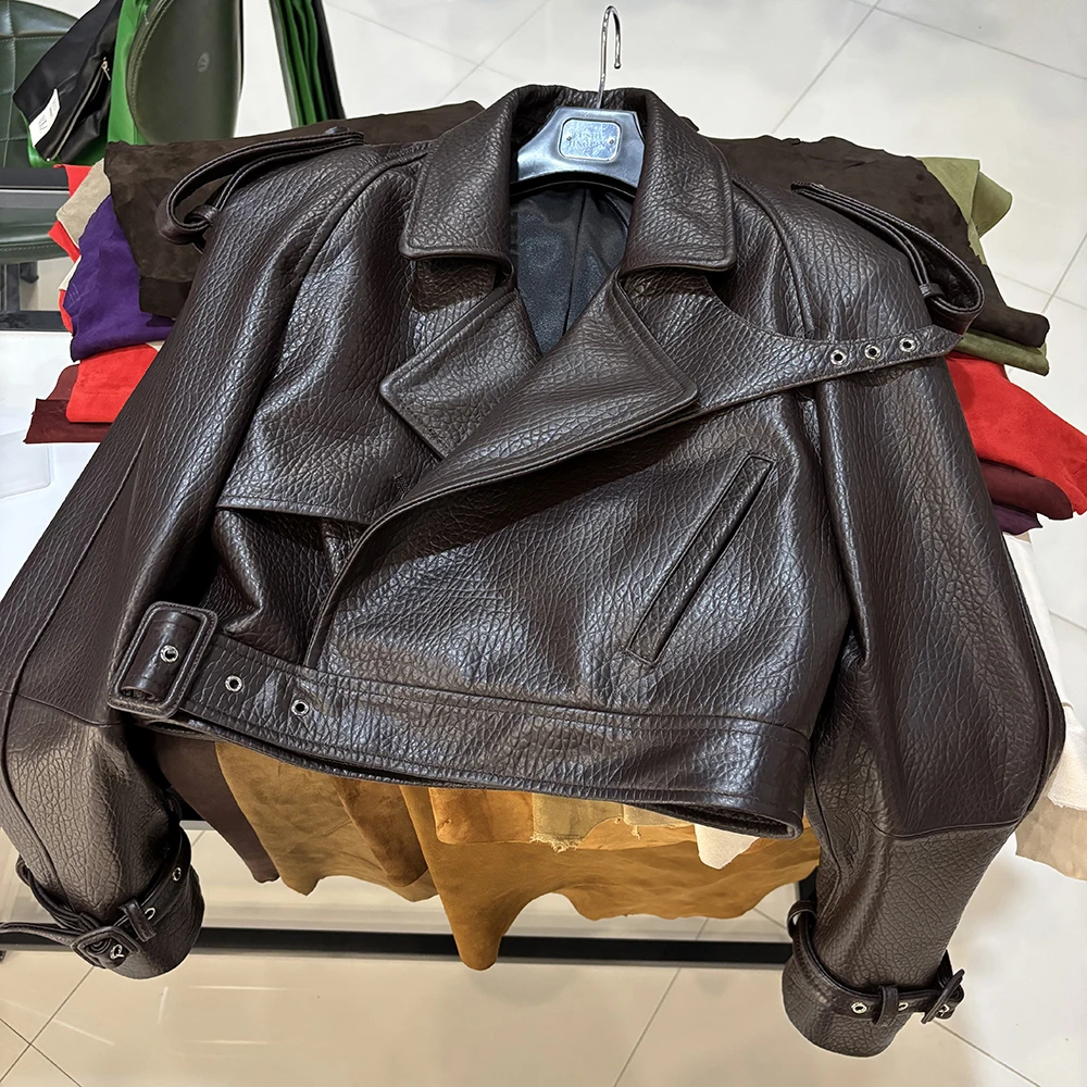 YOLOAgain Long Sleeve Dark Brown Suede Jacket Women Real Leather Jacket