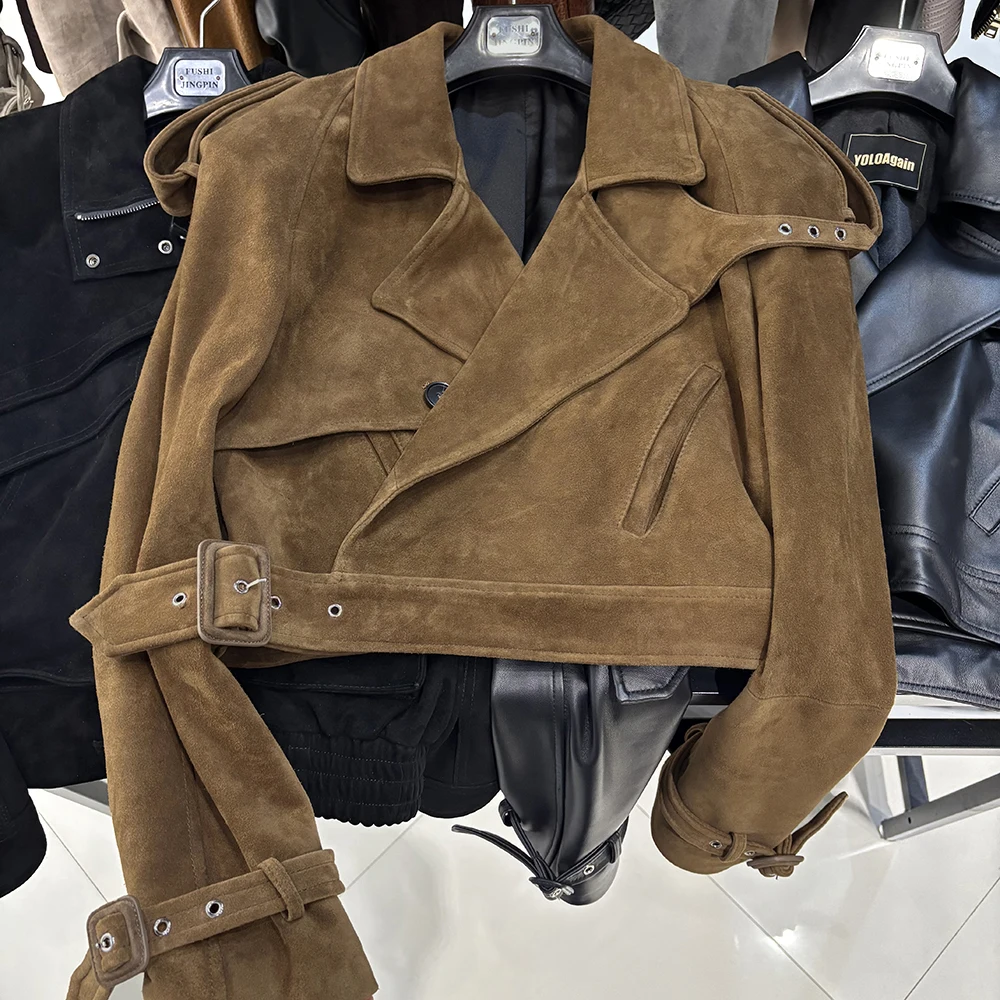 YOLOAgain Long Sleeve Dark Brown Suede Jacket Women Real Leather Jacket