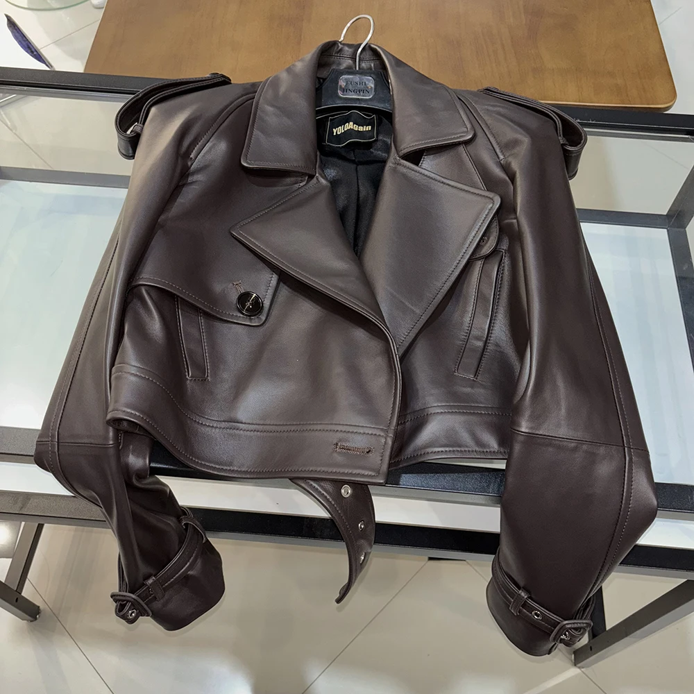 YOLOAgain Long Sleeve Dark Brown Suede Jacket Women Real Leather Jacket