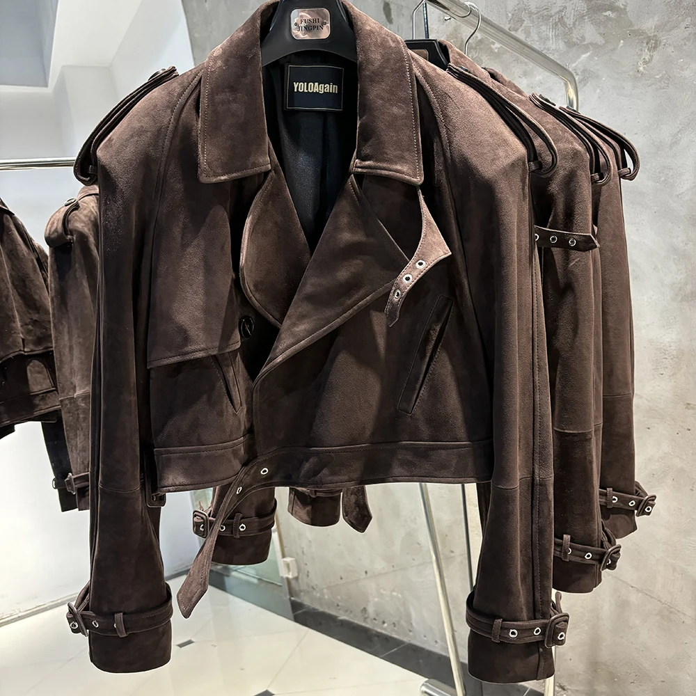 YOLOAgain Long Sleeve Dark Brown Suede Jacket Women Real Leather Jacket