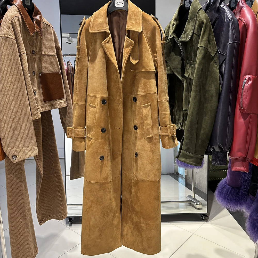 YOLOAgain Double Breasted Suede Jacket Coat Women Real Leather Trench Coat
