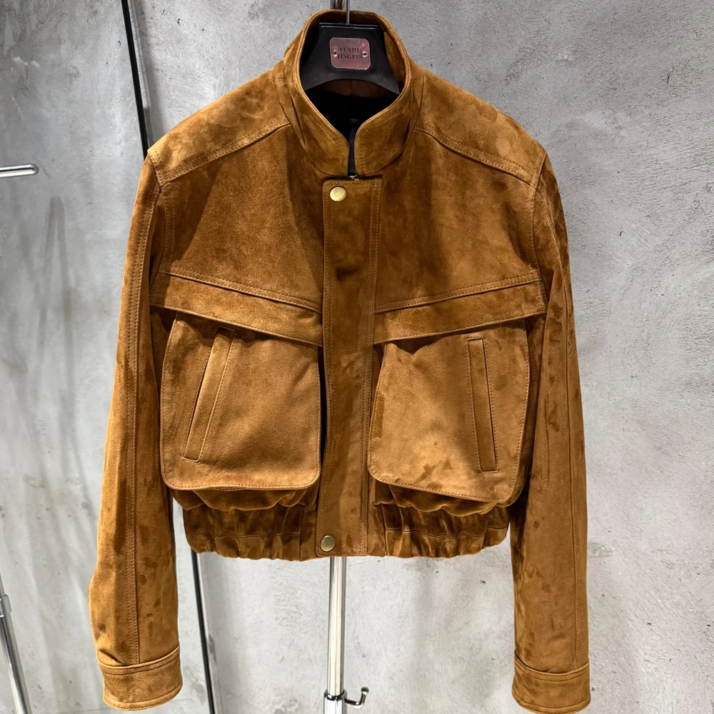 Suede Bomber Women Winter Genuine Sheep Leather Suede Coat with Big Pockets on the Body