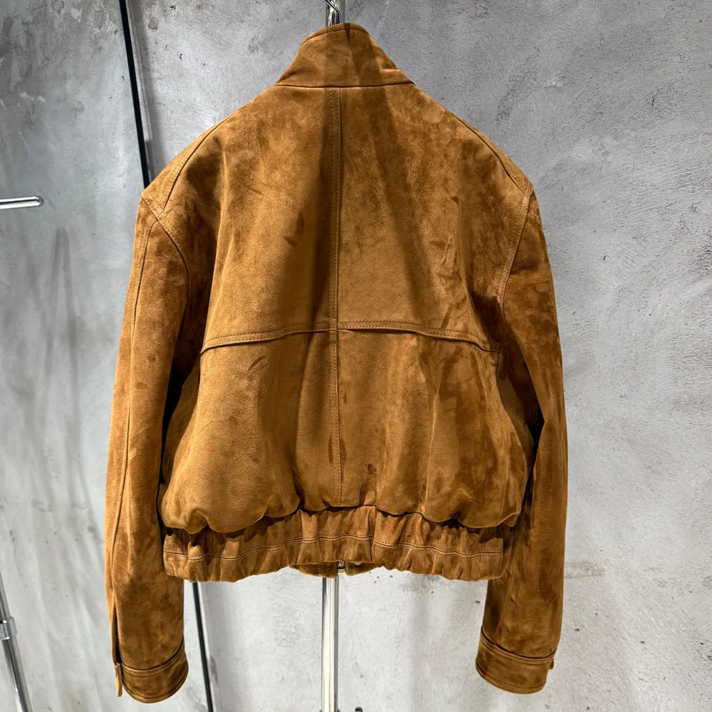 Suede Bomber Women Winter Genuine Sheep Leather Suede Coat with Big Pockets on the Body