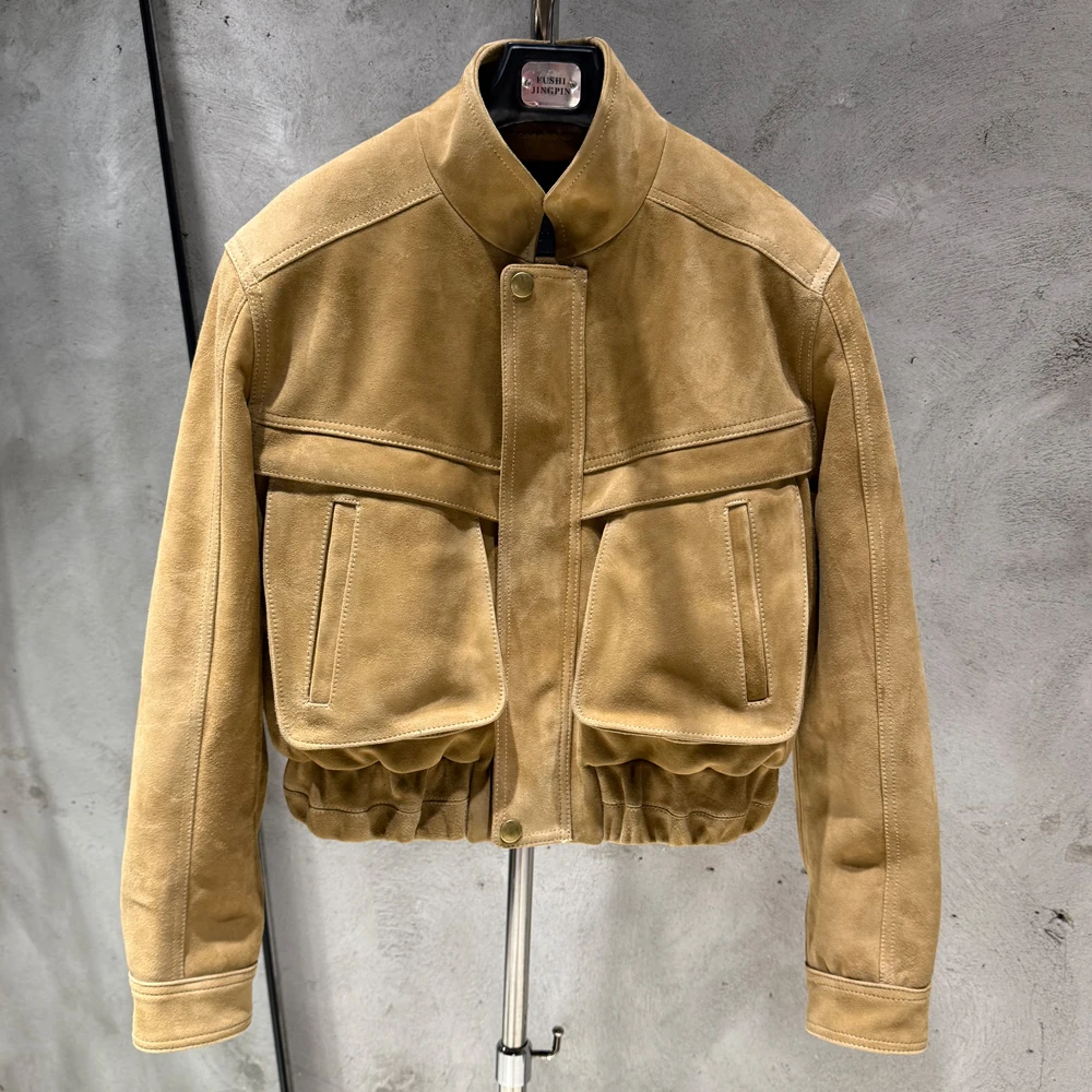 Suede Bomber Women Winter Genuine Sheep Leather Suede Coat with Big Pockets on the Body