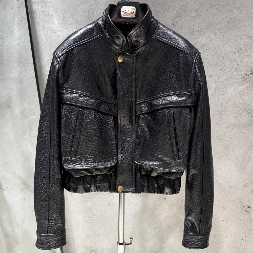 Suede Bomber Women Winter Genuine Sheep Leather Suede Coat with Big Pockets on the Body