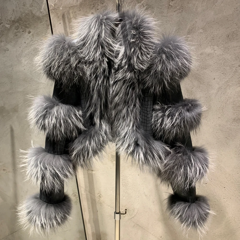 Fur Bomber Ladies New Fashion Jacket Crocdile Sheep Leather With Natural Fur 3573