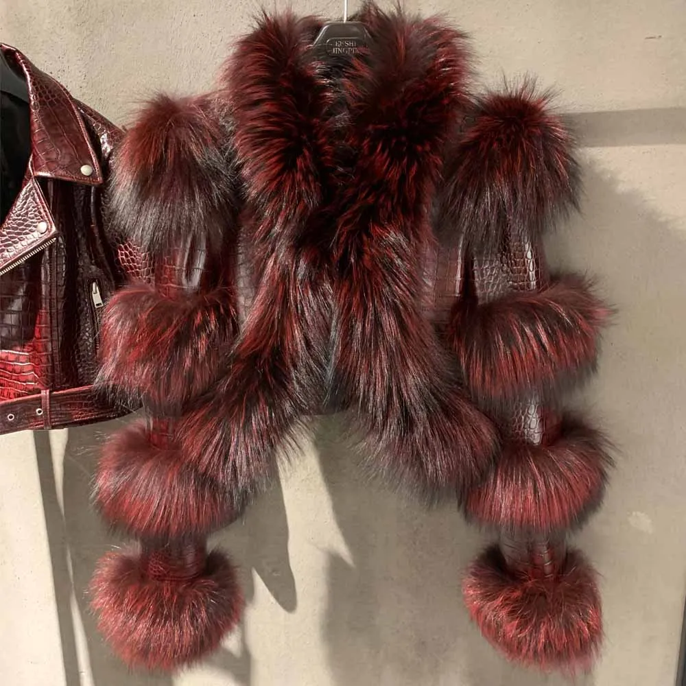 Fur Bomber Ladies New Fashion Jacket Crocdile Sheep Leather With Natural Fur 3573
