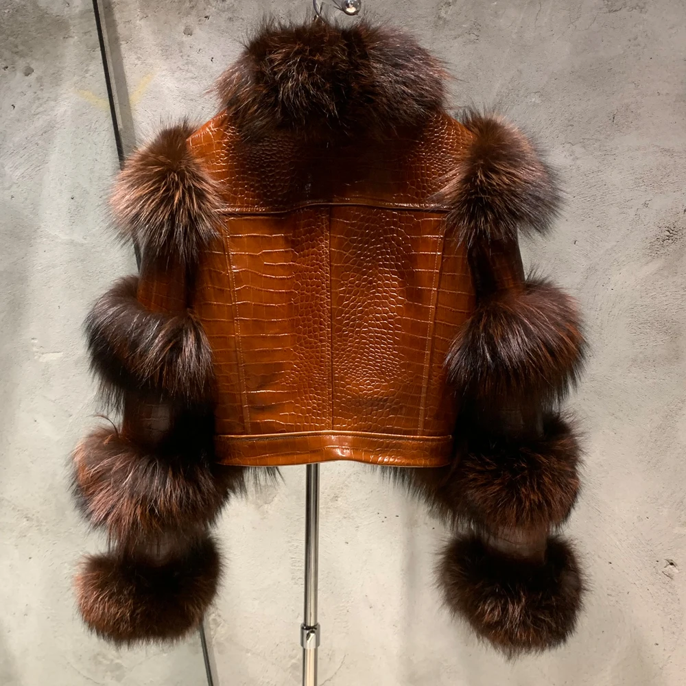 Fur Bomber Ladies New Fashion Jacket Crocdile Sheep Leather With Natural Fur 3573