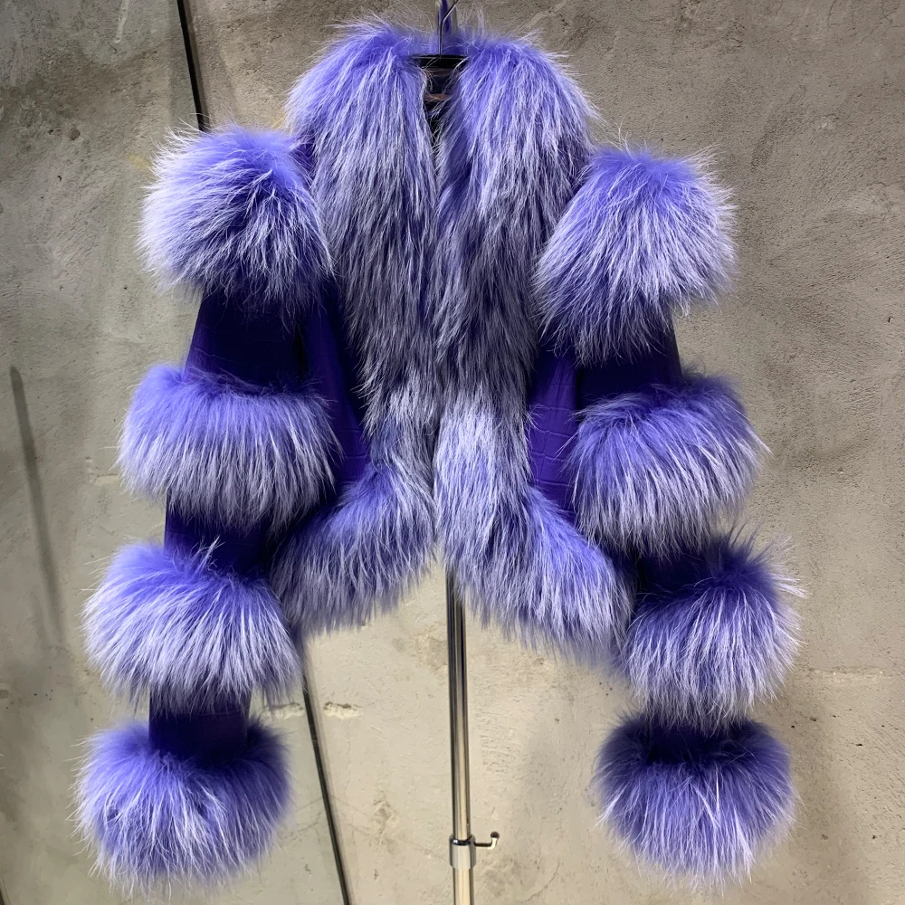 Fur Bomber Ladies New Fashion Jacket Crocdile Sheep Leather With Natural Fur 3573