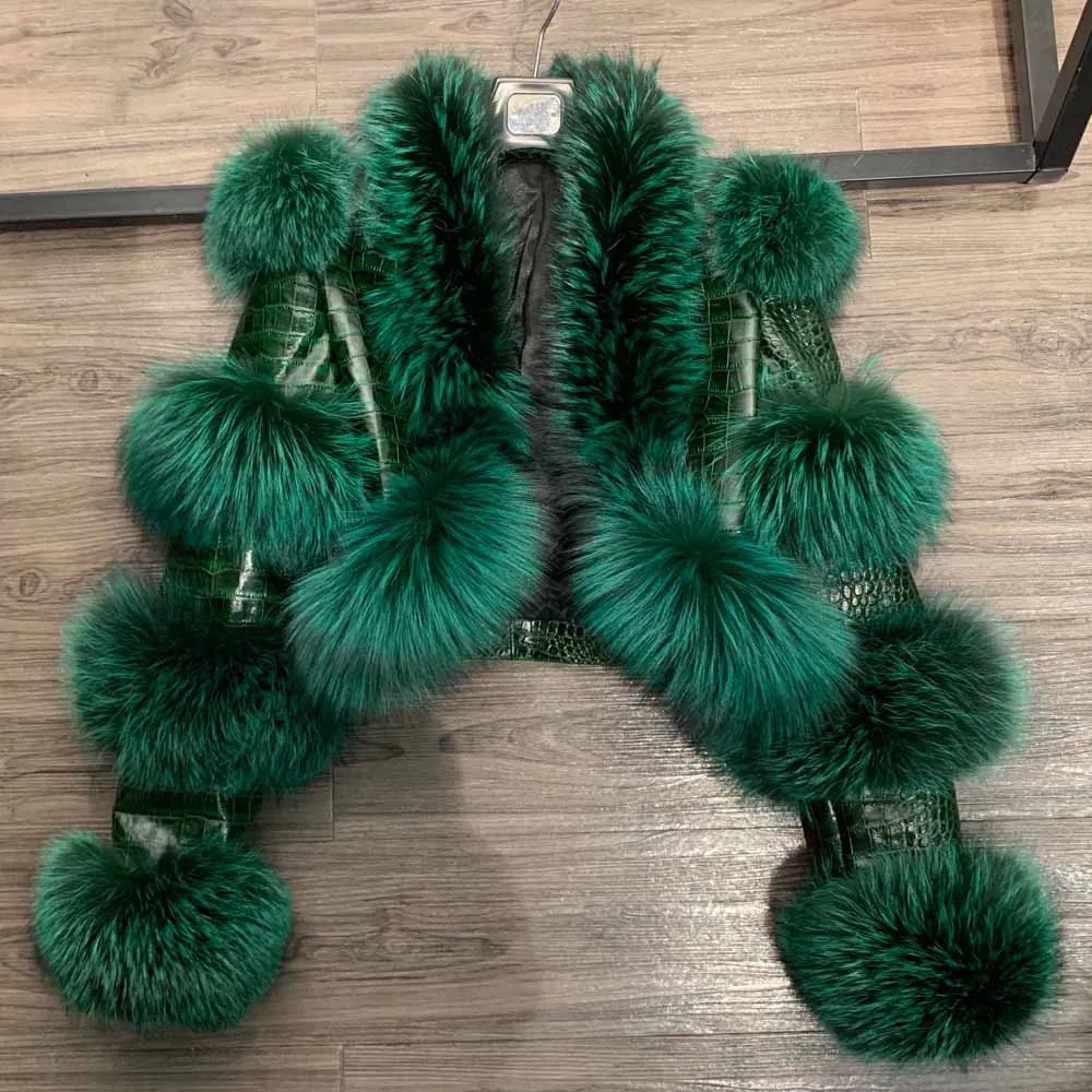Fur Bomber Ladies New Fashion Jacket Crocdile Sheep Leather With Natural Fur 3573