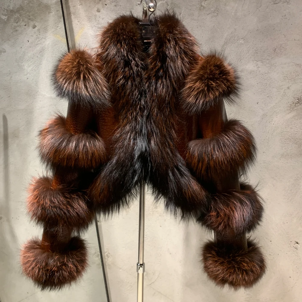 Fur Bomber Ladies New Fashion Jacket Crocdile Sheep Leather With Natural Fur 3573
