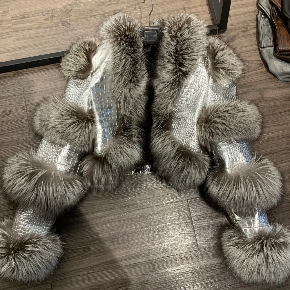 Fur Bomber Ladies New Fashion Jacket Crocdile Sheep Leather With Natural Fur 3573