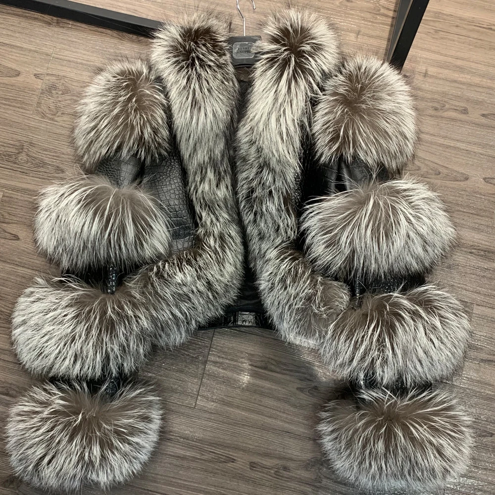 Fur Bomber Ladies New Fashion Jacket Crocdile Sheep Leather With Natural Fur 3573