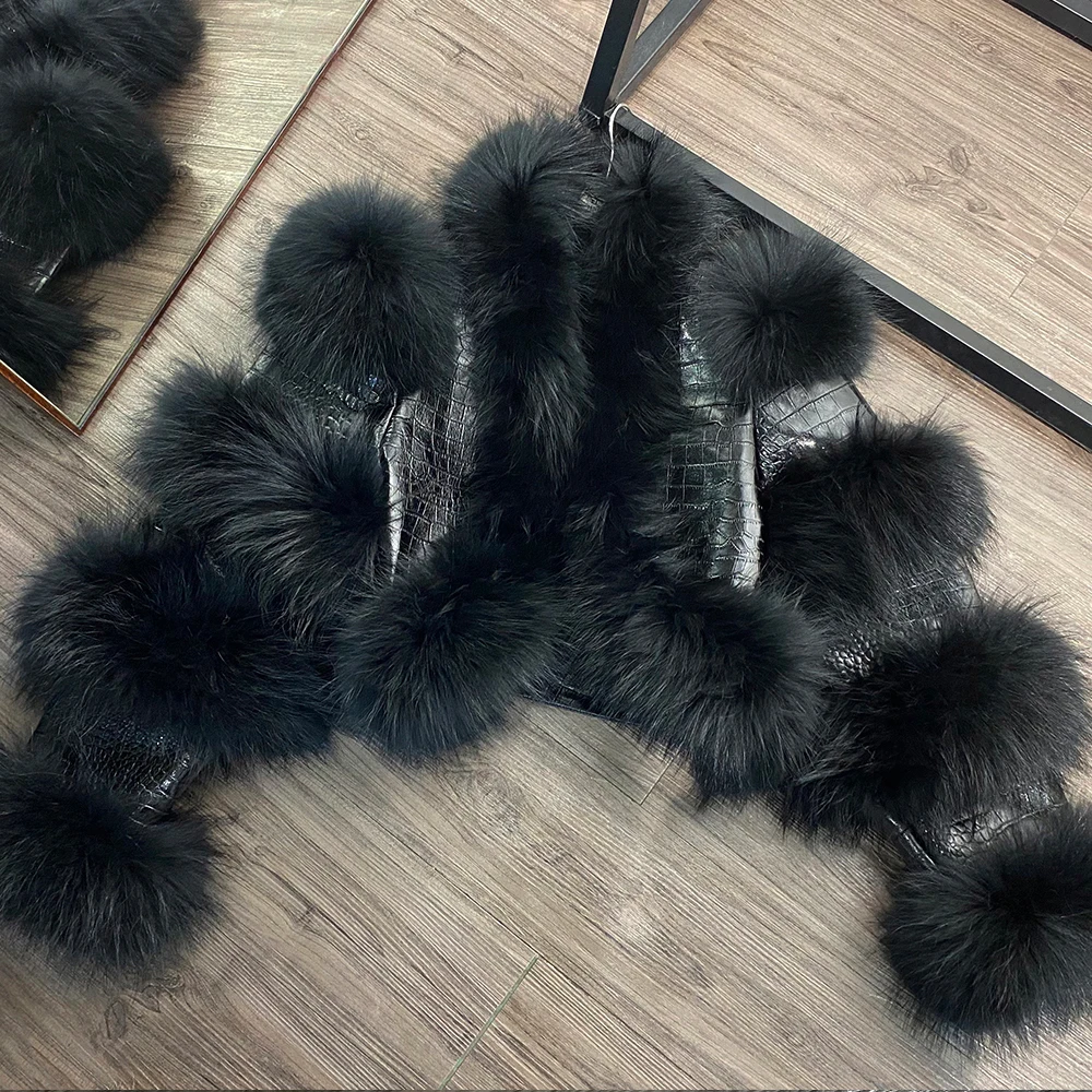 Fur Bomber Ladies New Fashion Jacket Crocdile Sheep Leather With Natural Fur 3573