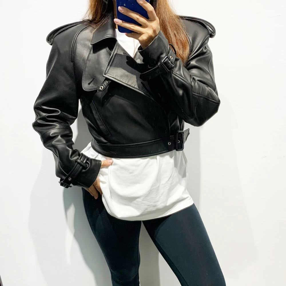 Female Leather Jacket Women Winter Genuine Sheep Leather Coat Wide Shoulder Paddad 23012