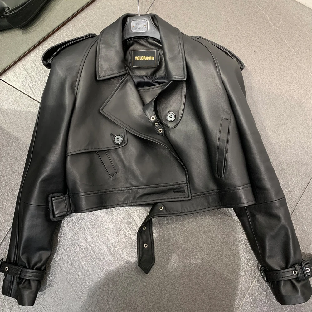 Female Leather Jacket Women Winter Genuine Sheep Leather Coat Wide Shoulder Paddad 23012