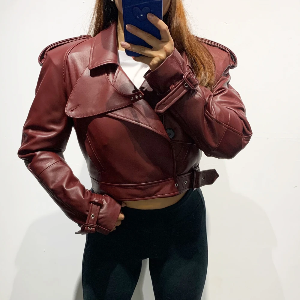 Female Leather Jacket Women Winter Genuine Sheep Leather Coat Wide Shoulder Paddad 23012