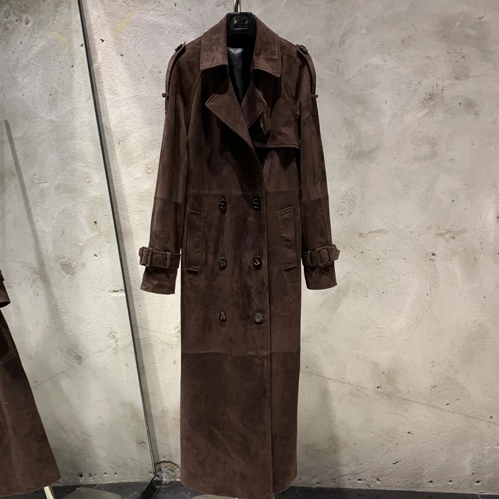 Long Suede Leather Coat Ladies Real Sheepskin Coat Genuine Sheep Leather Windbreak Long 2385