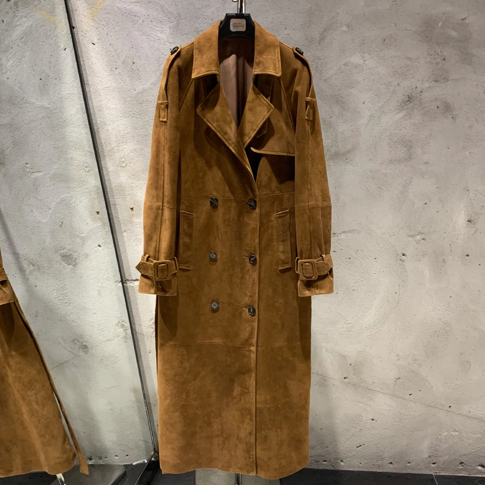 Long Suede Leather Coat Ladies Real Sheepskin Coat Genuine Sheep Leather Windbreak Long 2385
