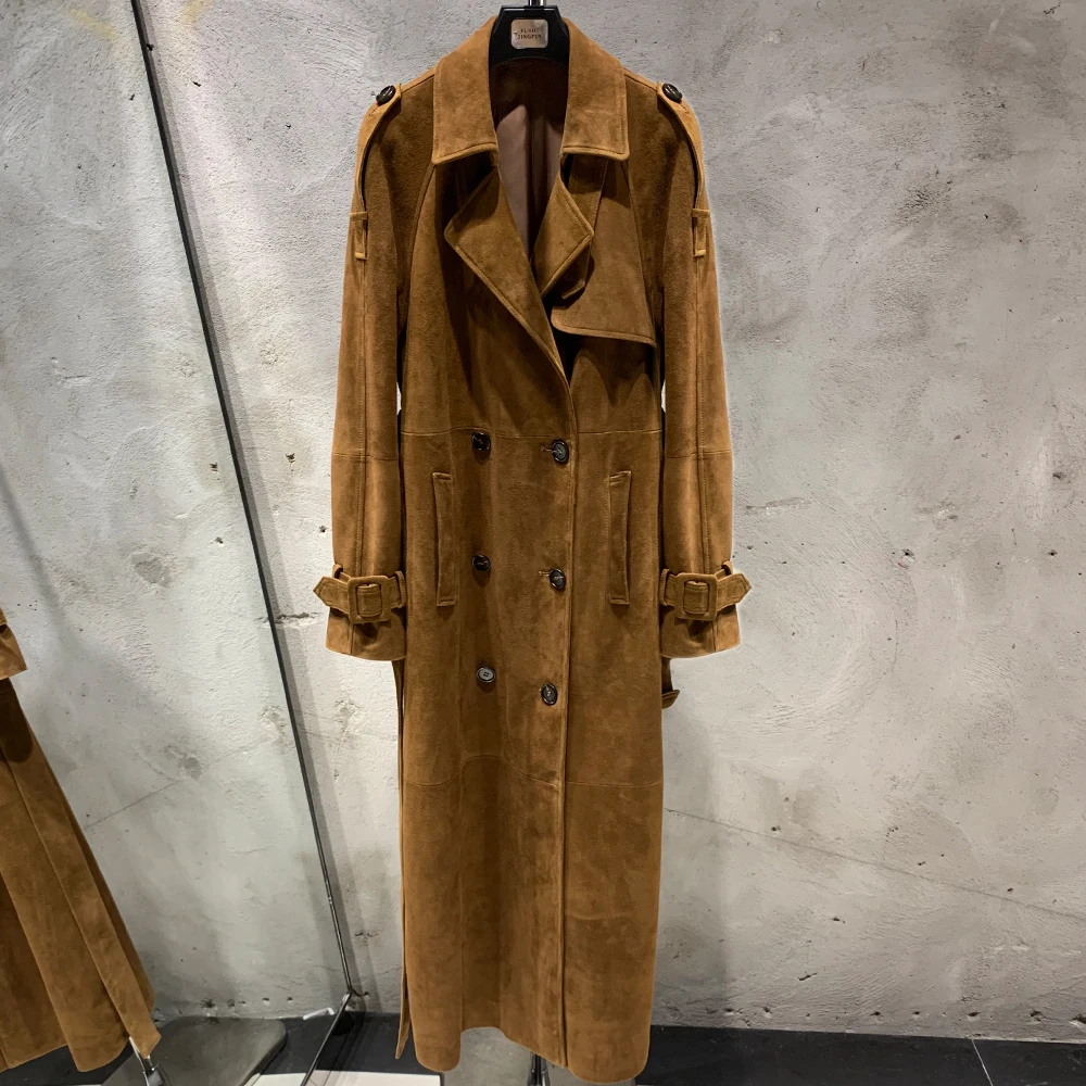 Long Suede Leather Coat Ladies Real Sheepskin Coat Genuine Sheep Leather Windbreak Long 2385